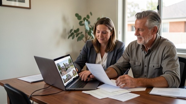 Small Perth property business reviewing property documents at a laptop