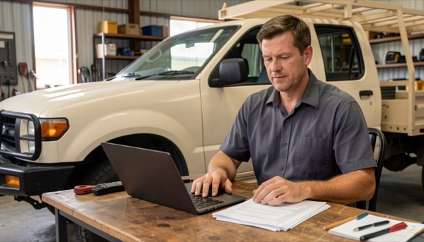 Perth trades business owner using a laptop beside a work ute