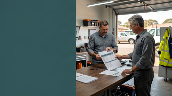 Perth service-business owner reviewing a clear operating plan with two team members