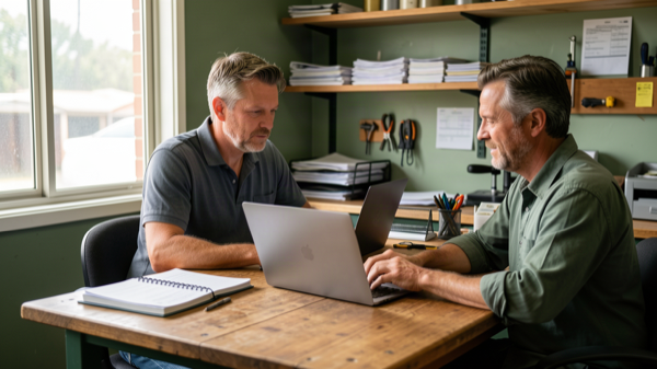 A small-business owner learning practical AI with a mentor at their workplace